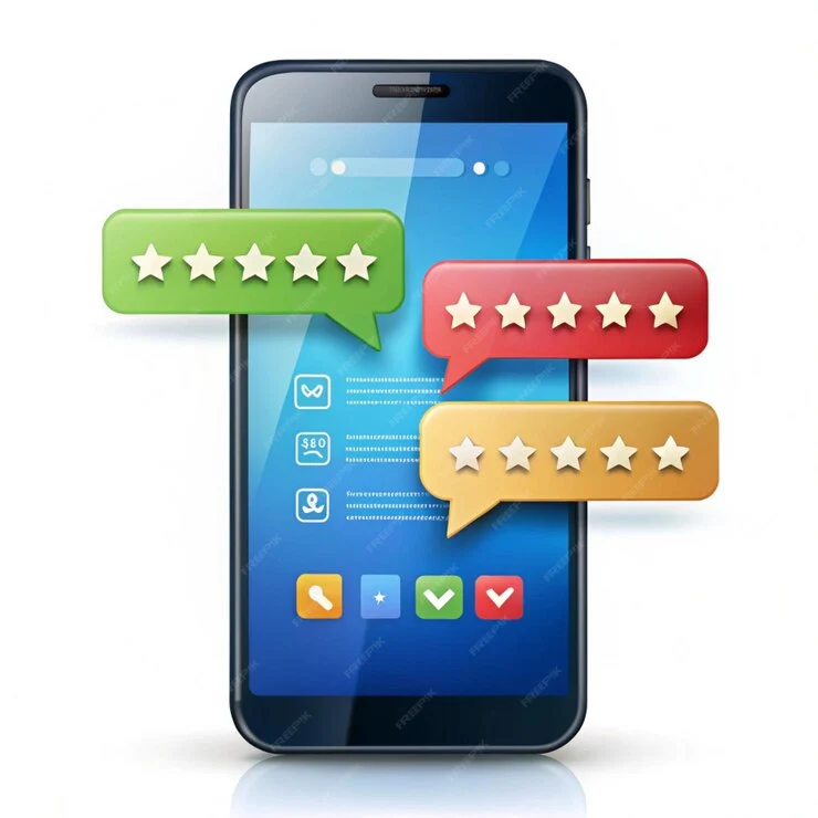 A mobile phone with a review app open on the screen. The review app shows multi-color five-star ratings